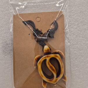 Men's Turtle Pendant Necklace - Black Cord with Brown/Yellow Turtle